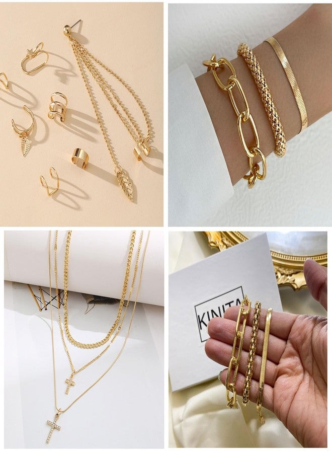 CONGYING 65 Pcs Gold Jewelry Set with 6Pcs Layered Necklace, 11 Pcs anklet and 7Pcs Earring Ear Cuff,11Hoop Earrings,15pcs Rings,15pcs stud earrings Jewerly set for Women Gift - Image 5